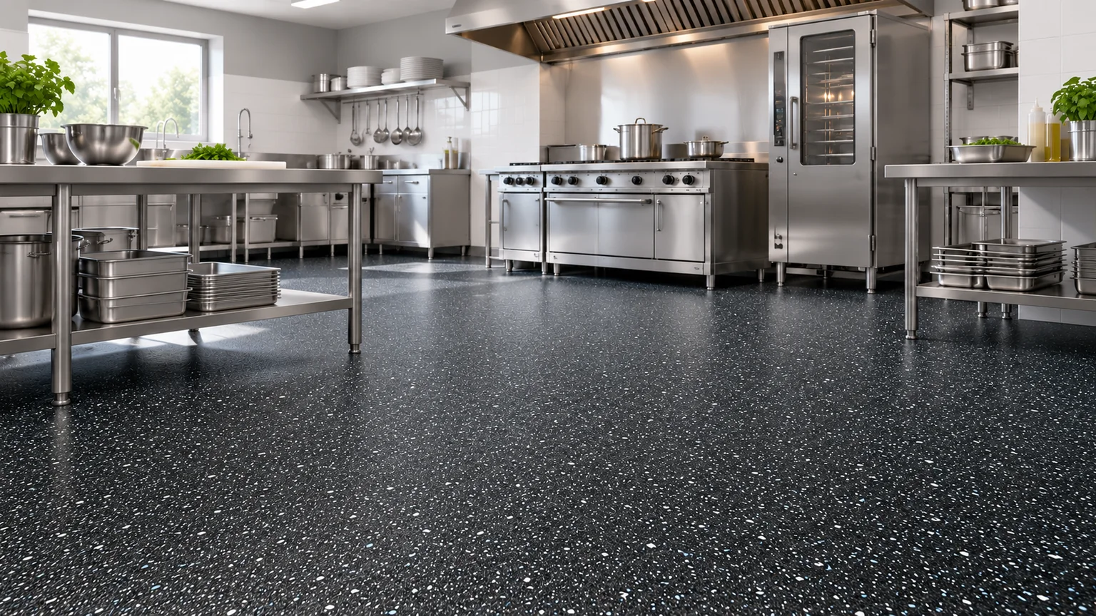 Non-slip Commercial Vinyl flooring in a commercial kitchen