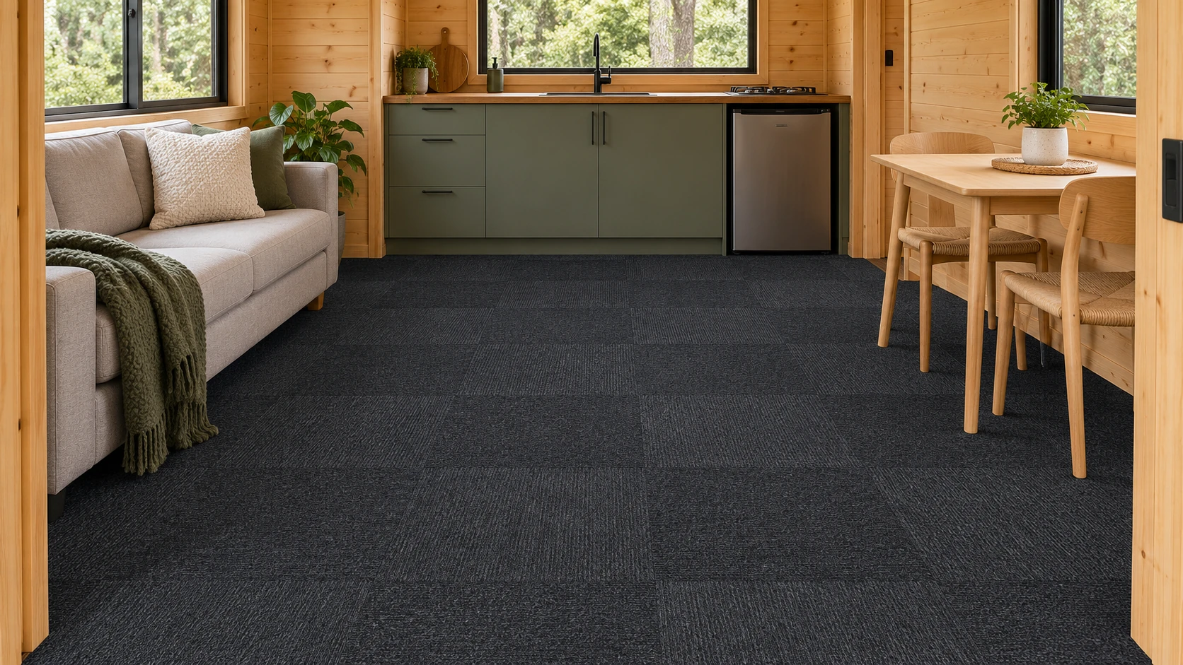 Dark charcoal self-adhesive carpet tiles installed in a small timber cabin