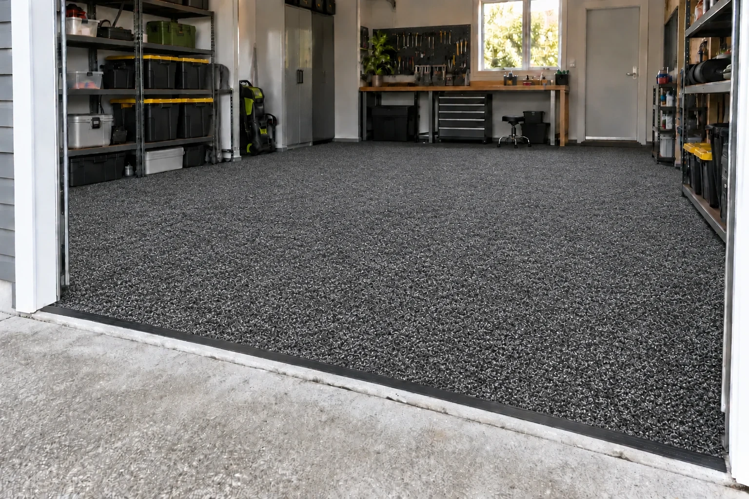 Charcoal-grey flecked Garage Carpet fitted across a tidy garage floor