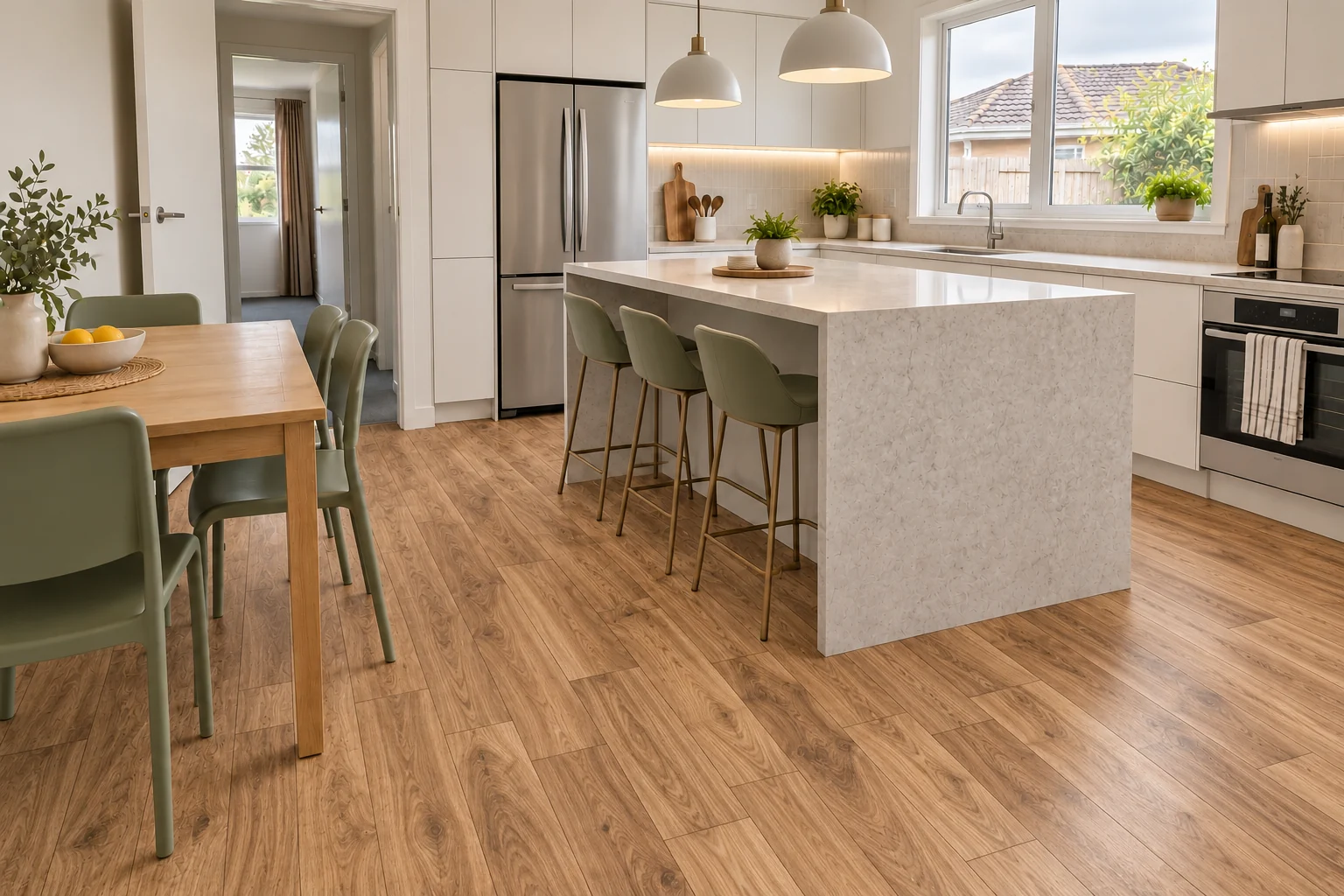 Warm timber-look Residential Vinyl plank flooring in a bright contemporary kitchen